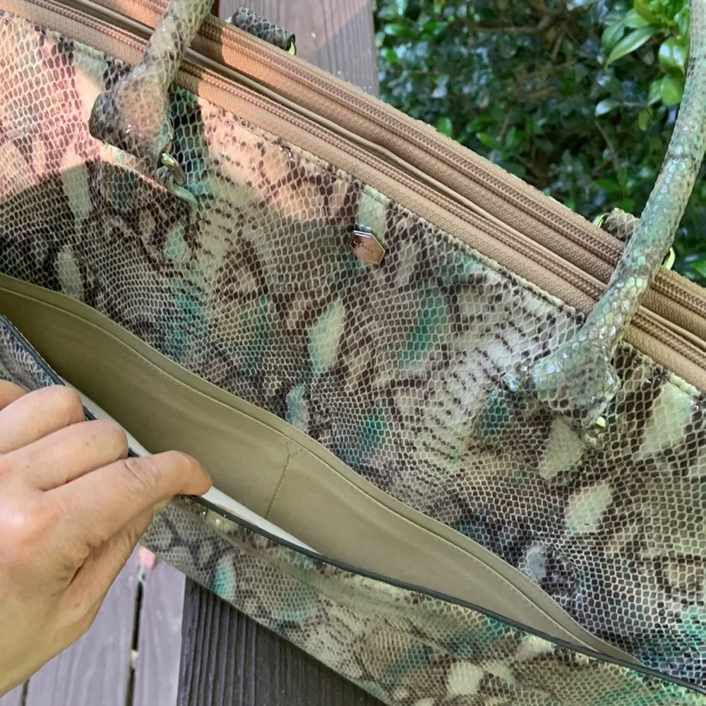 Lodis Snake-Print Laptop Bag in Cream, Brown & Teal